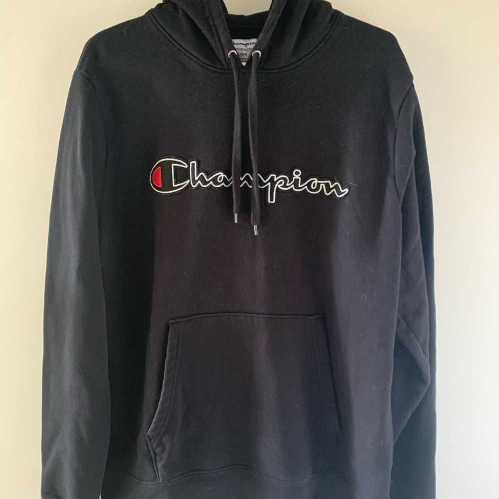 champion script logo hoodie black